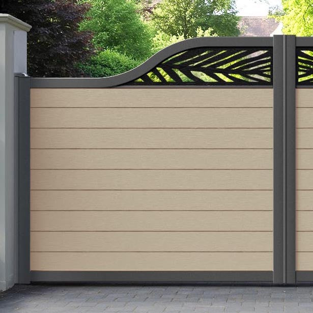 Fusion Palm Curved Top Driveway Gate - Light Oak - Top Screen