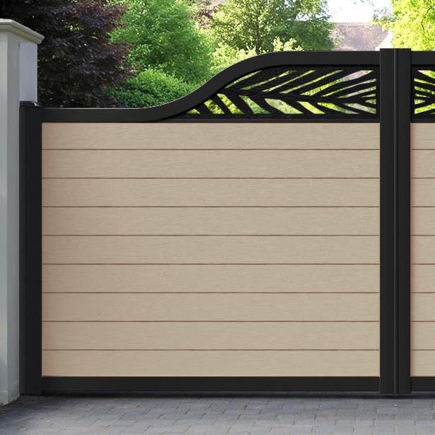 Fusion Palm Curved Top Driveway Gate - Light Oak - Top Screen