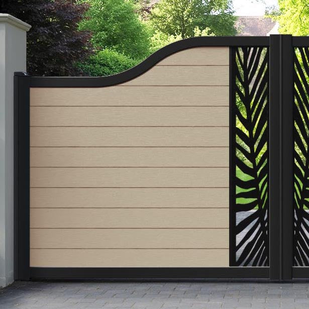 Fusion Palm Curved Top Driveway Gate - Light Oak - Middle Screen