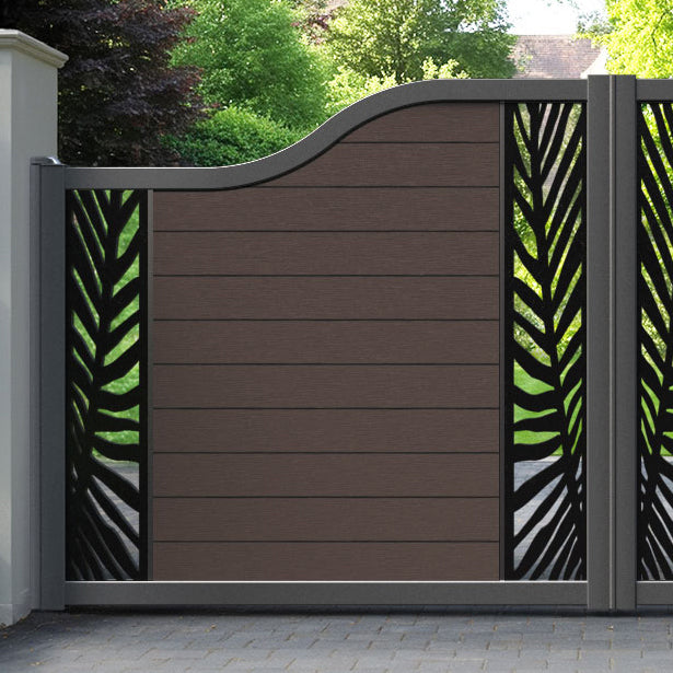 Fusion Palm Curved Top Driveway Gate - Mid Brown - Middle & End Screen