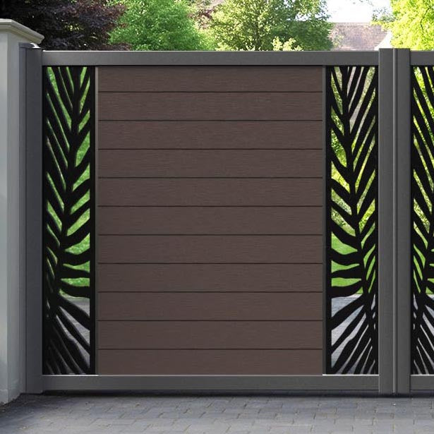 Fusion Palm Straight Top Driveway Gate - Mid Brown - Middle & End Screen