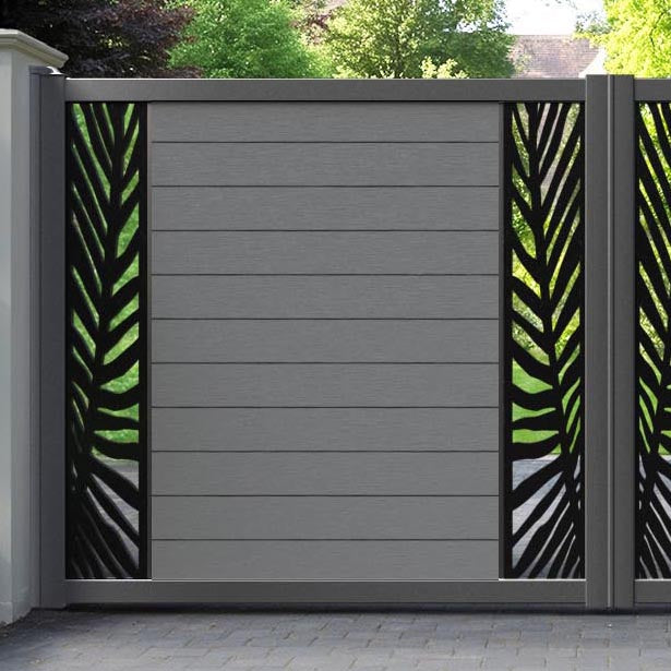 Fusion Palm Straight Top Driveway Gate - Mid Grey - Middle & End Screen