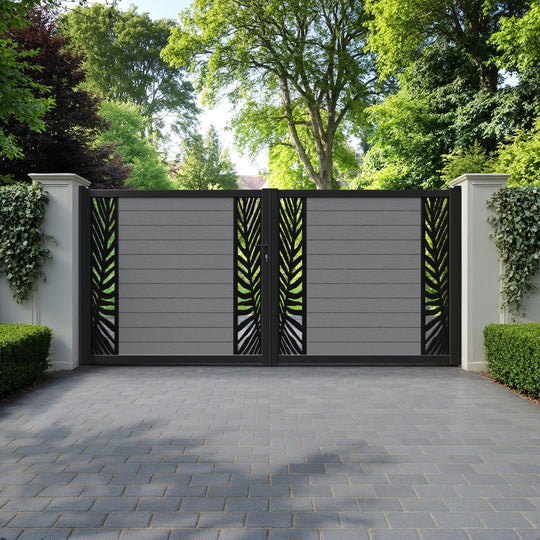 Fusion Palm Straight Top Driveway Gate - Mid Grey - Middle & End Screen