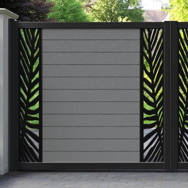 Fusion Palm Straight Top Driveway Gate - Mid Grey - Middle & End Screen