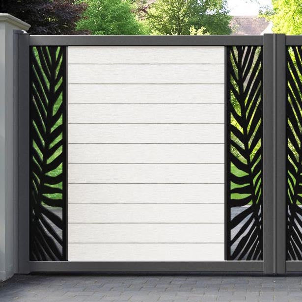 Fusion Palm Straight Top Driveway Gate - Light Stone - Middle & End Screen