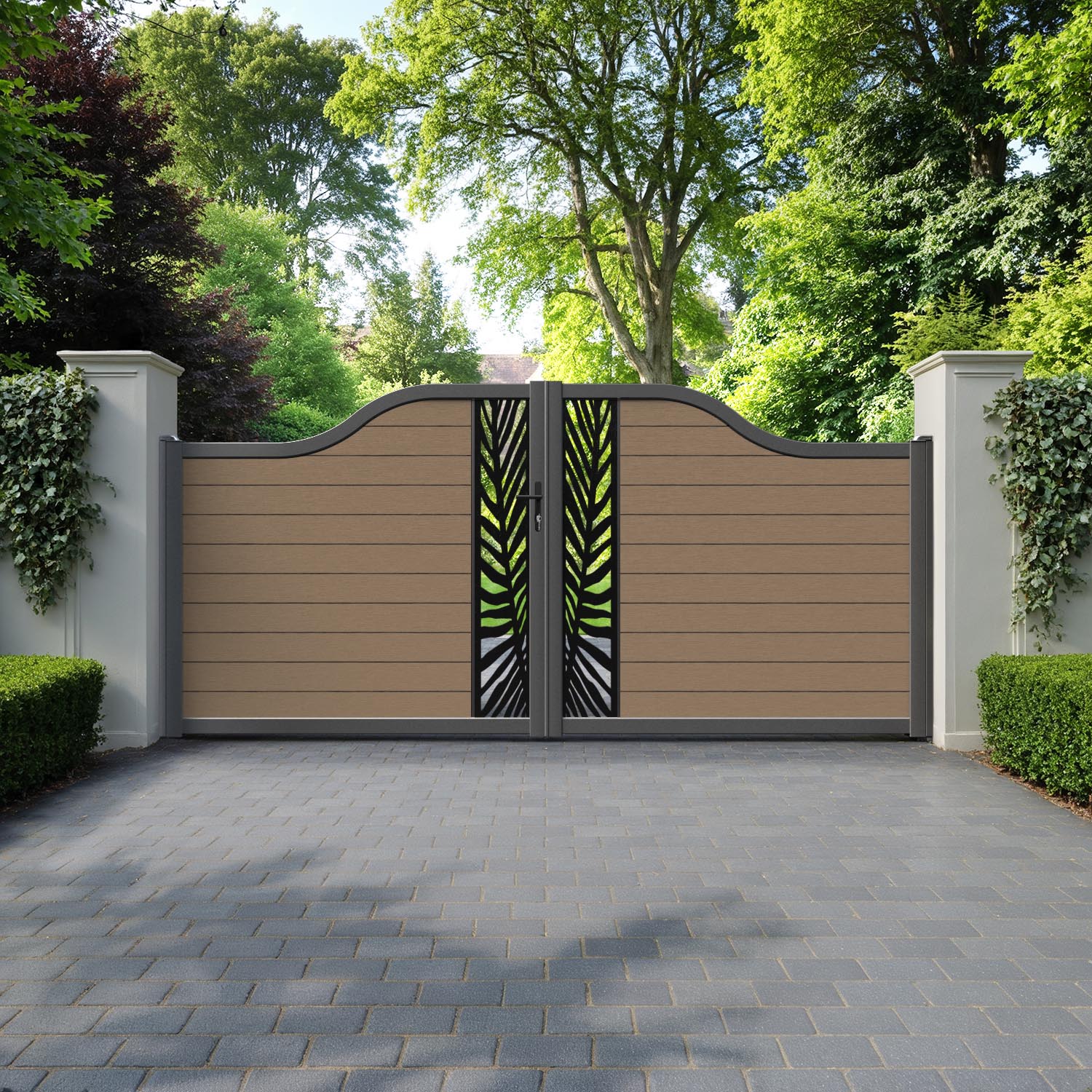 Fusion Palm Curved Top Driveway Gate - Teak - Middle Screen