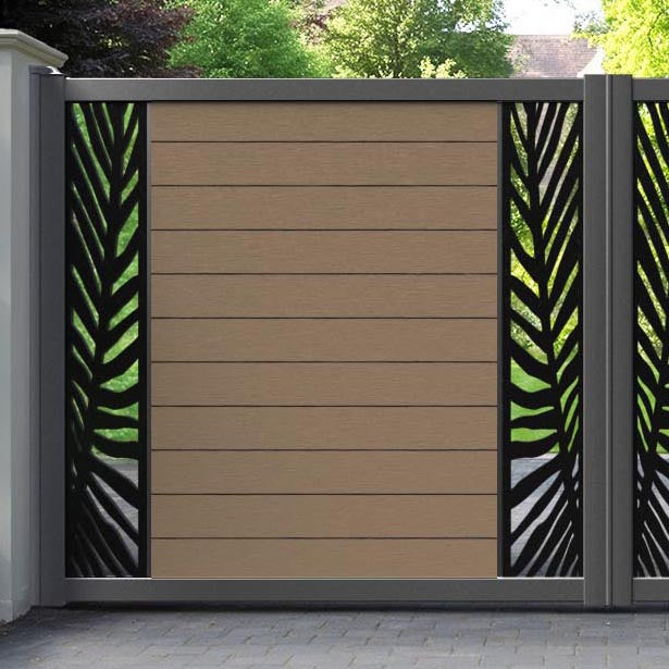 Fusion Palm Straight Top Driveway Gate - Teak - Middle & End Screen