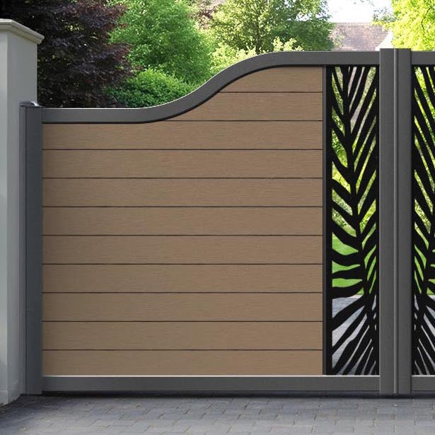 Fusion Palm Curved Top Driveway Gate - Teak - Middle Screen
