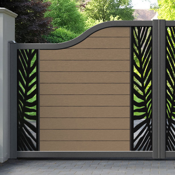 Fusion Palm Curved Top Driveway Gate - Teak - Middle & End Screen
