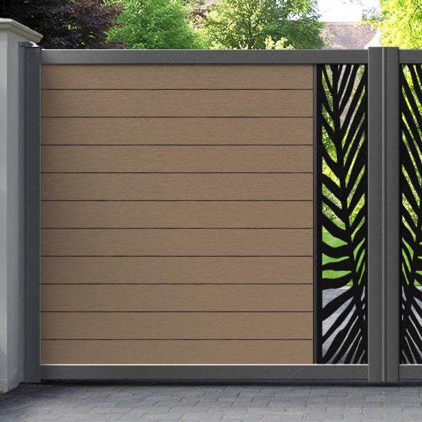 Fusion Palm Straight Top Driveway Gate - Teak - Middle Screen