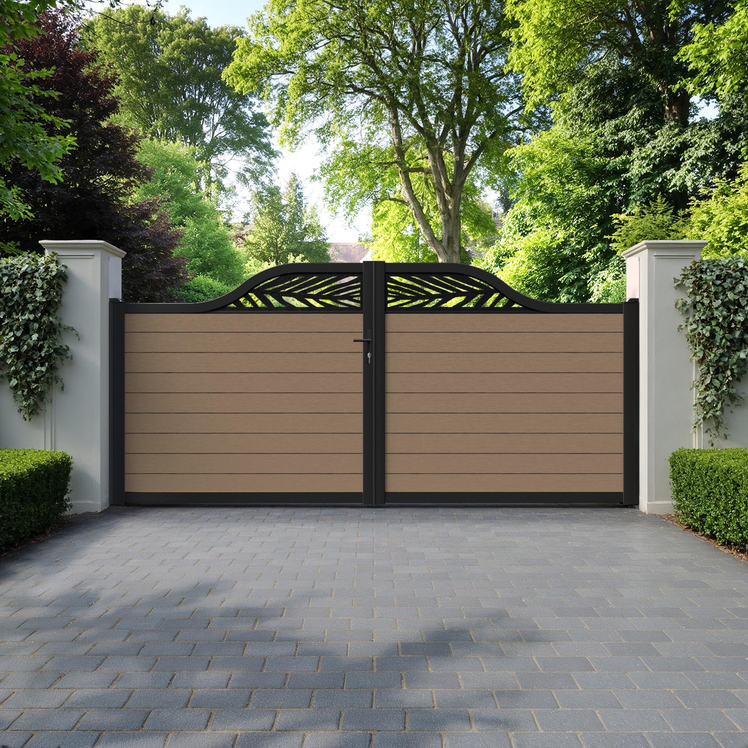 Fusion Palm Curved Top Driveway Gate - Teak - Top Screen