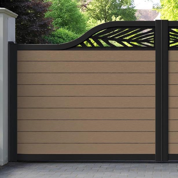 Fusion Palm Curved Top Driveway Gate - Teak - Top Screen