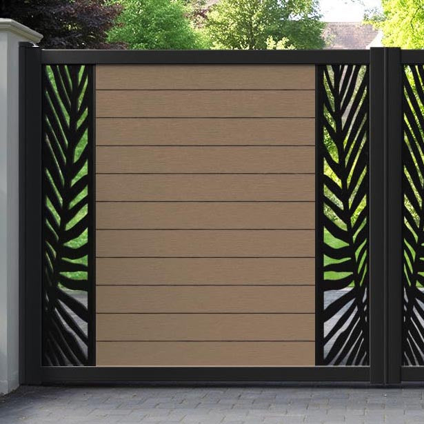 Fusion Palm Straight Top Driveway Gate - Teak - Middle & End Screen