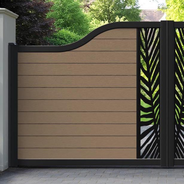 Fusion Palm Curved Top Driveway Gate - Teak - Middle Screen