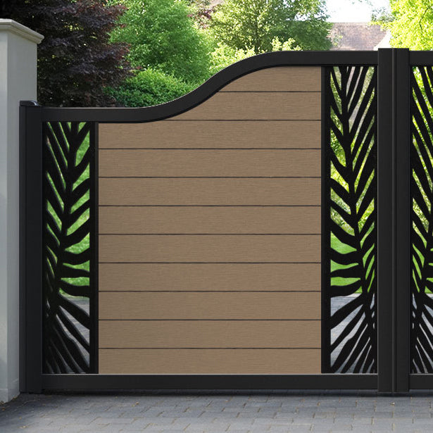 Fusion Palm Curved Top Driveway Gate - Teak - Middle & End Screen