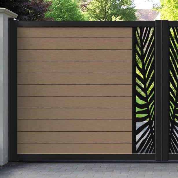 Fusion Palm Straight Top Driveway Gate - Teak - Middle Screen