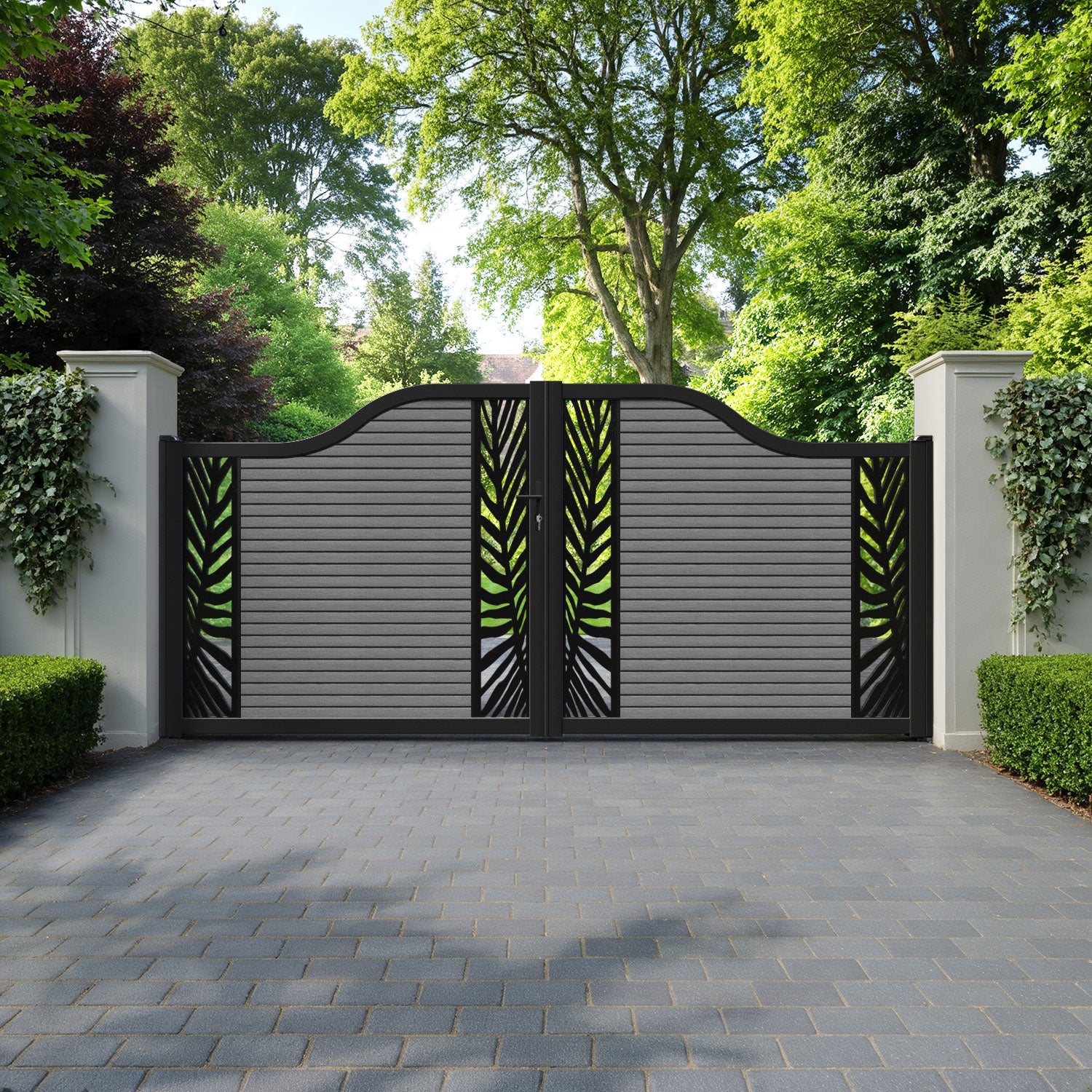 Hudson Palm Curved Top Driveway Gate - Mid Grey - Middle & End Screen