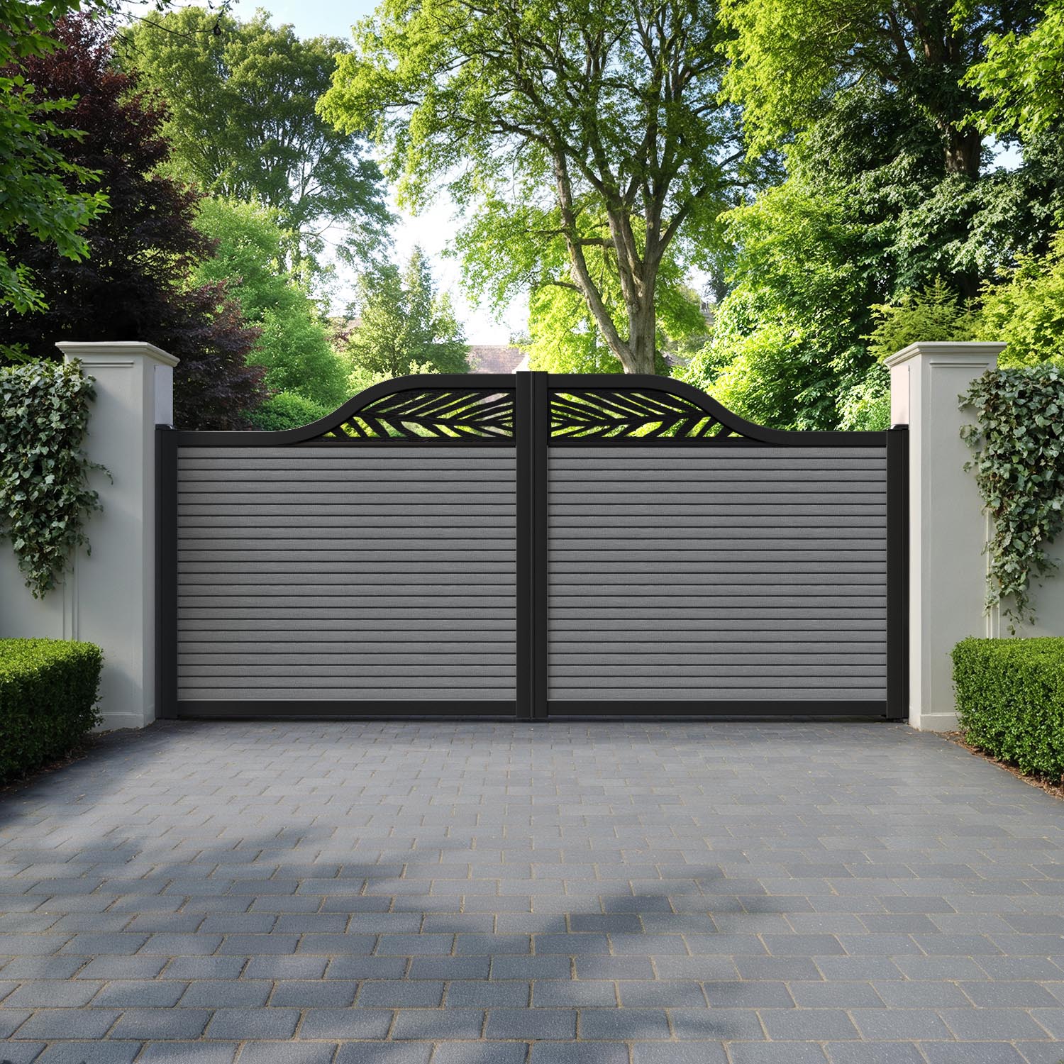 Hudson Palm Curved Top Driveway Gate - Mid Grey - Top Screen