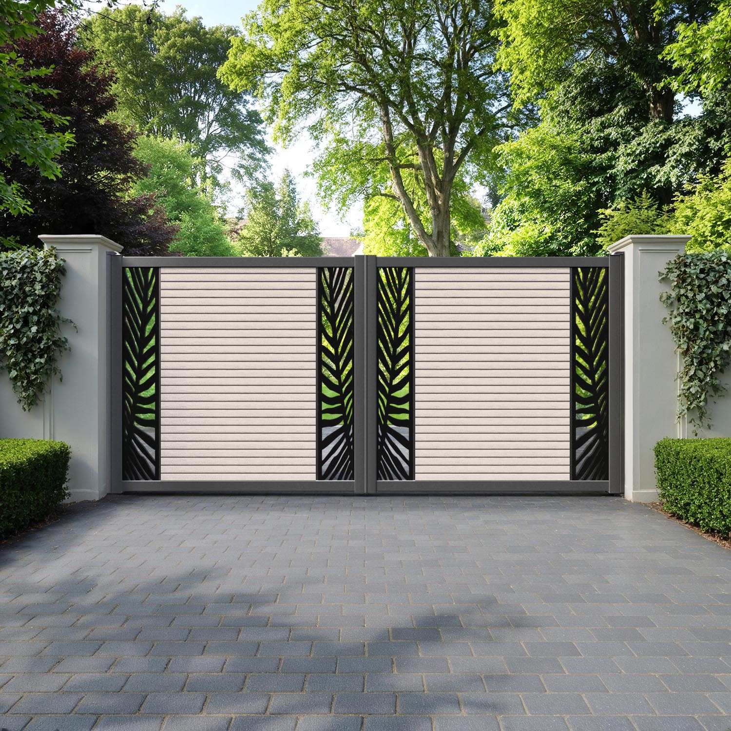 Hudson Palm Straight Top Driveway Gate - Mid Stone - Middle & End Screen