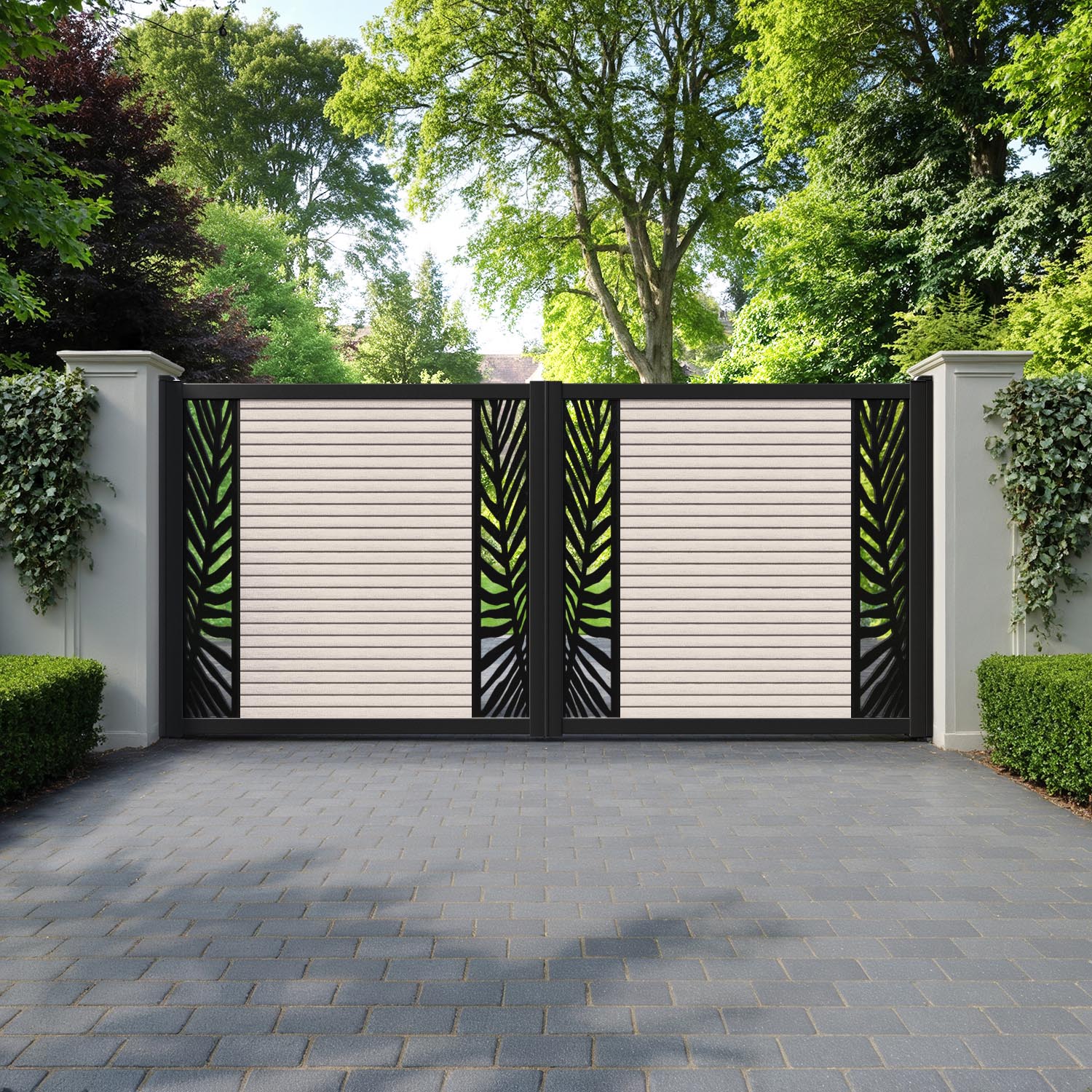 Hudson Palm Straight Top Driveway Gate - Mid Stone - Middle & End Screen