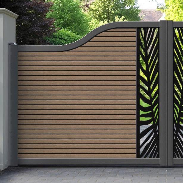 Hudson Palm Curved Top Driveway Gate - Teak - Middle Screen