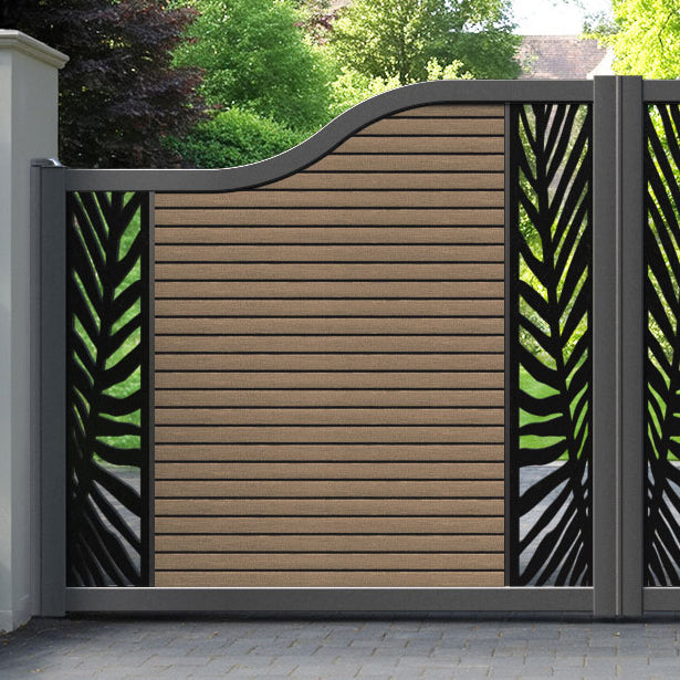 Hudson Palm Curved Top Driveway Gate - Teak - Middle & End Screen