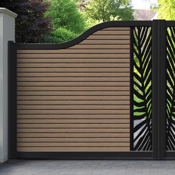 Hudson Palm Curved Top Driveway Gate - Teak - Middle Screen