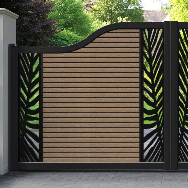 Hudson Palm Curved Top Driveway Gate - Teak - Middle & End Screen