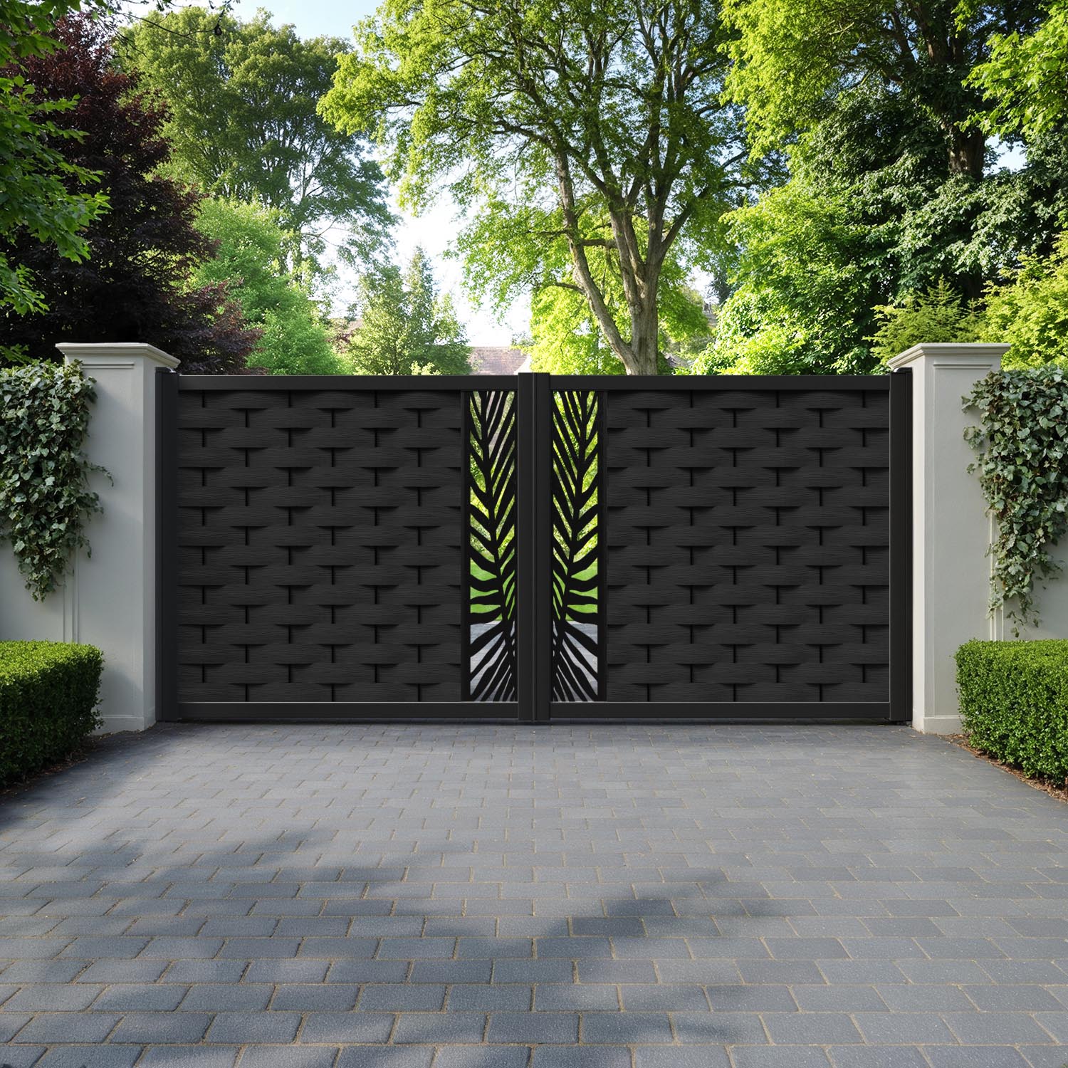 Ripple Palm Straight Top Driveway Gate - Black - Middle Screen
