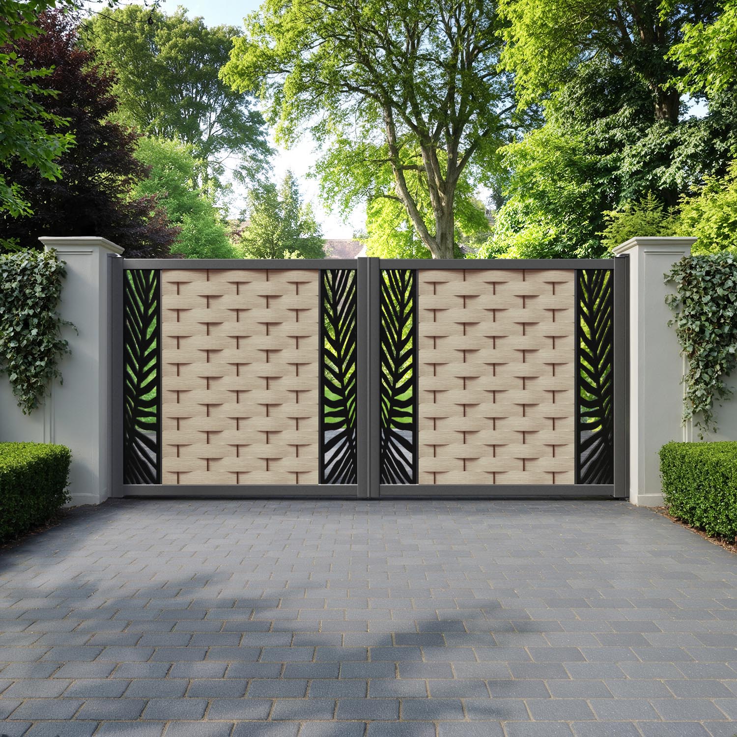 Ripple Palm Straight Top Driveway Gate - Light Oak- Middle & End Screen