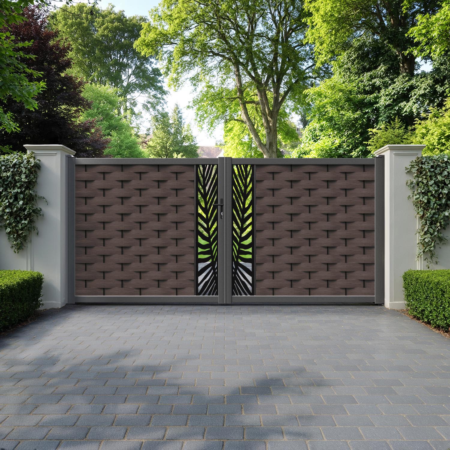 Ripple Palm Straight Top Driveway Gate - Mid Brown - Middle Screen