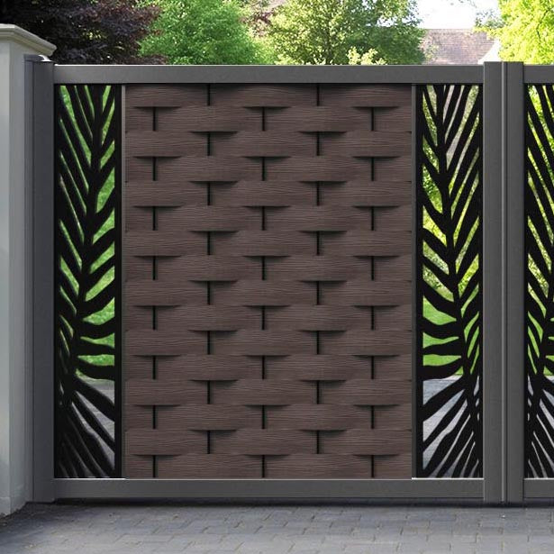 Ripple Palm Straight Top Driveway Gate - Mid Brown - Middle & End Screen