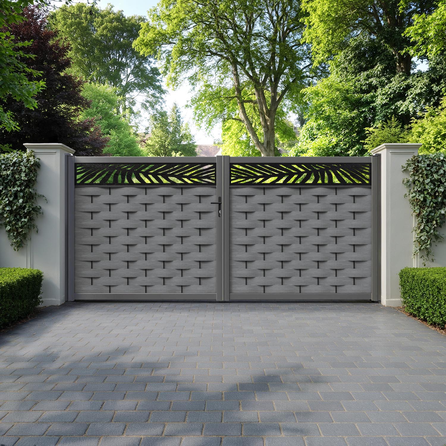 Ripple Palm Straight Top Driveway Gate - Mid Grey - Top Screen