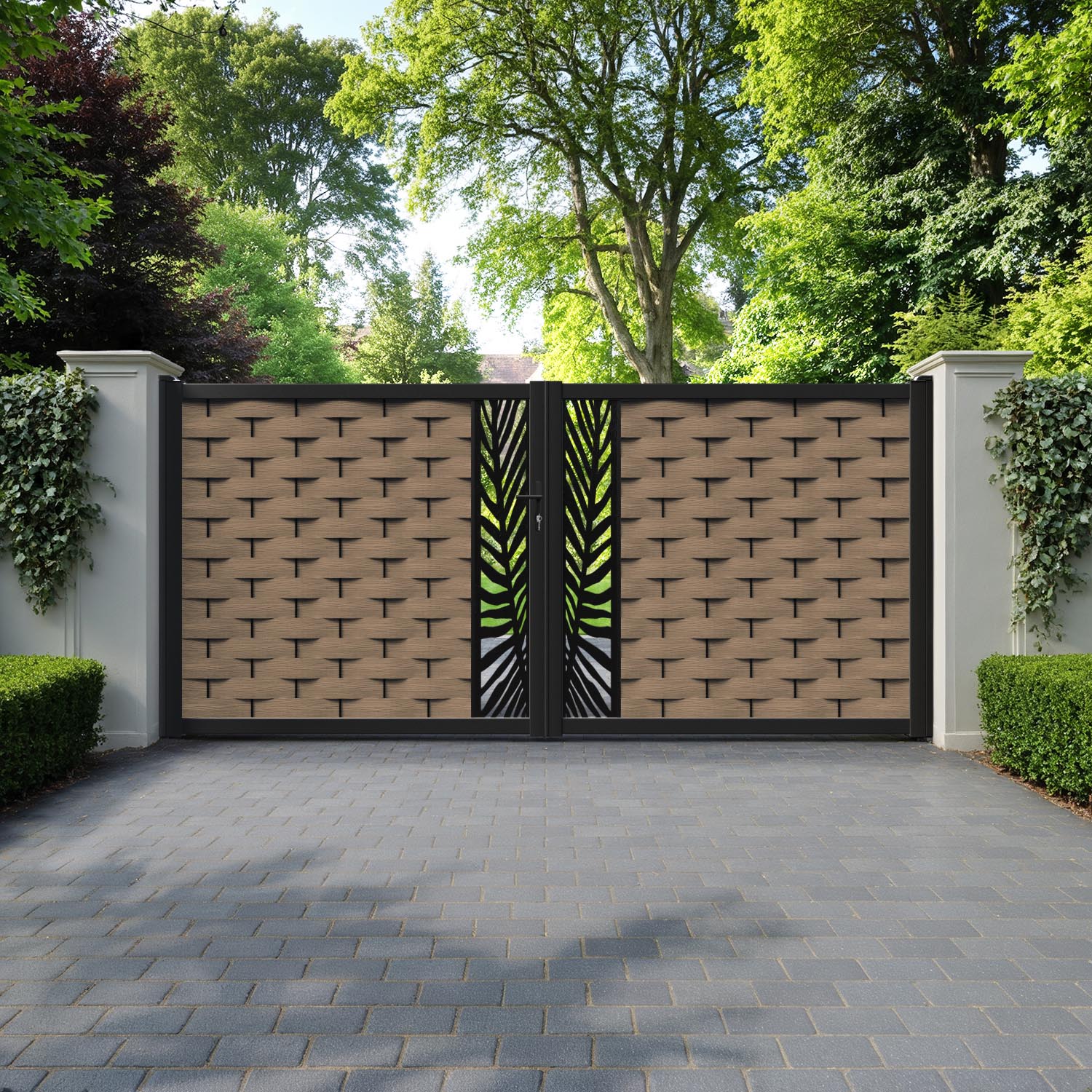 Ripple Palm Straight Top Driveway Gate - Teak - Middle Screen