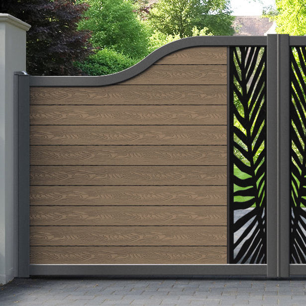 Classic Palm Curved Top Driveway Gate - Teak -  Middle Screen