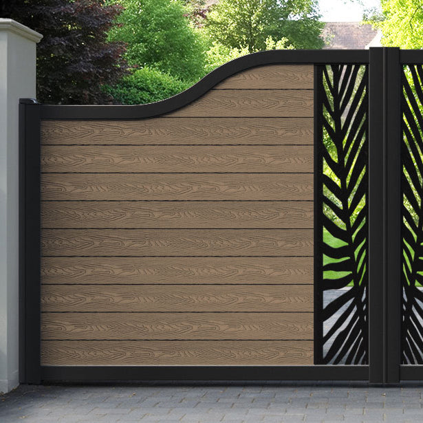 Classic Palm Curved Top Driveway Gate - Teak -  Middle Screen