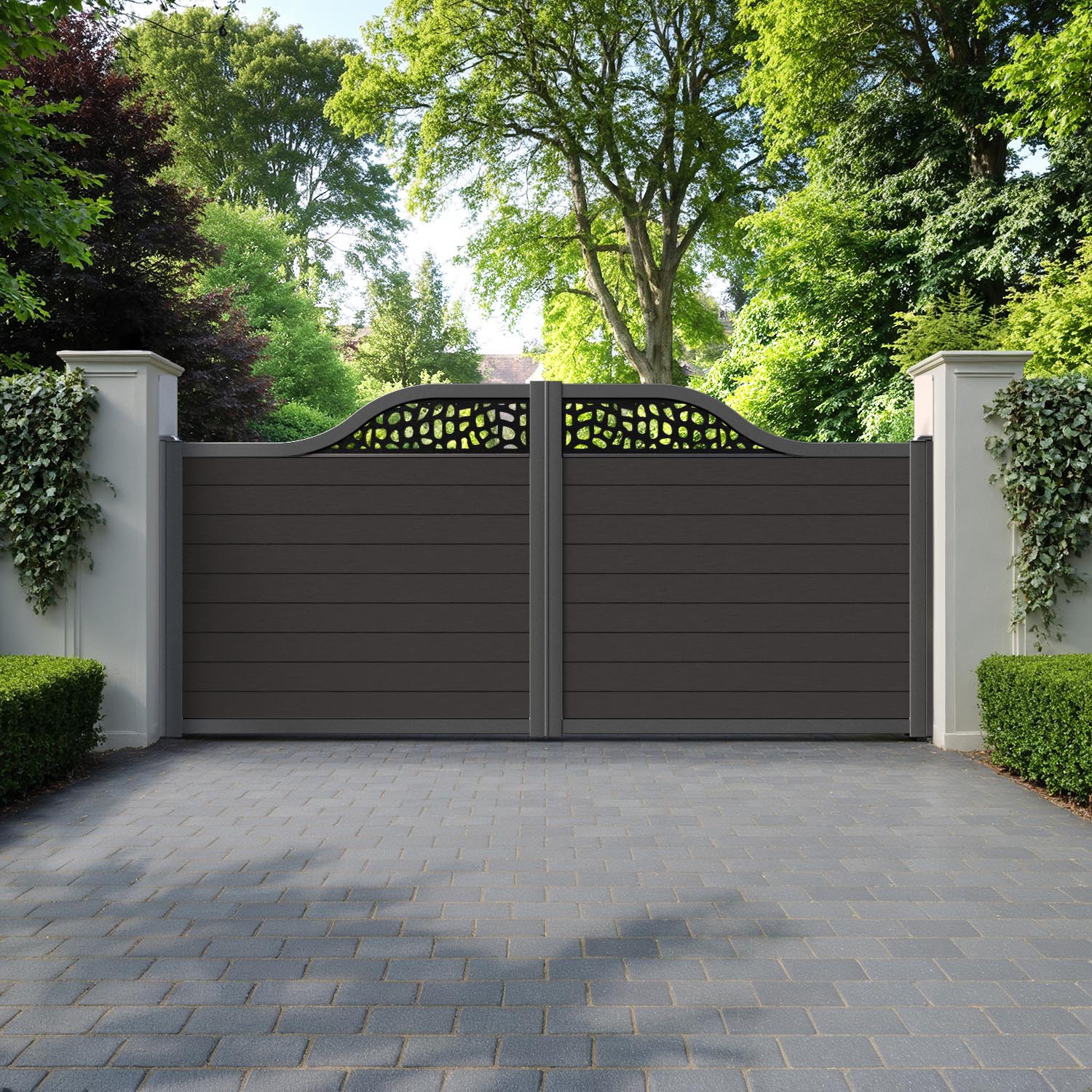Fusion Pebble Curved Top Driveway Gate - Dark Oak - Top Screen
