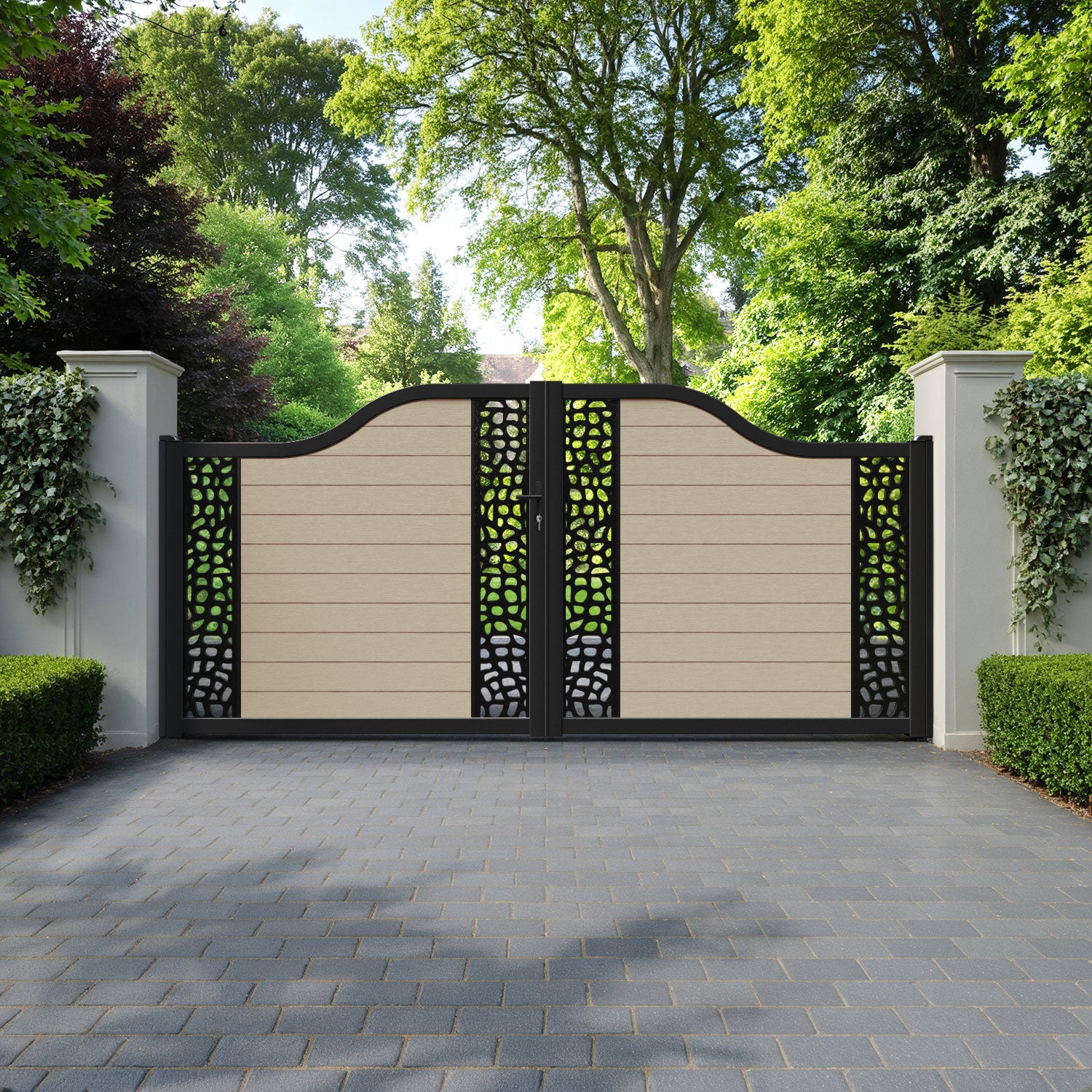 Fusion Pebble Curved Top Driveway Gate - Light Oak - Middle & End Screen