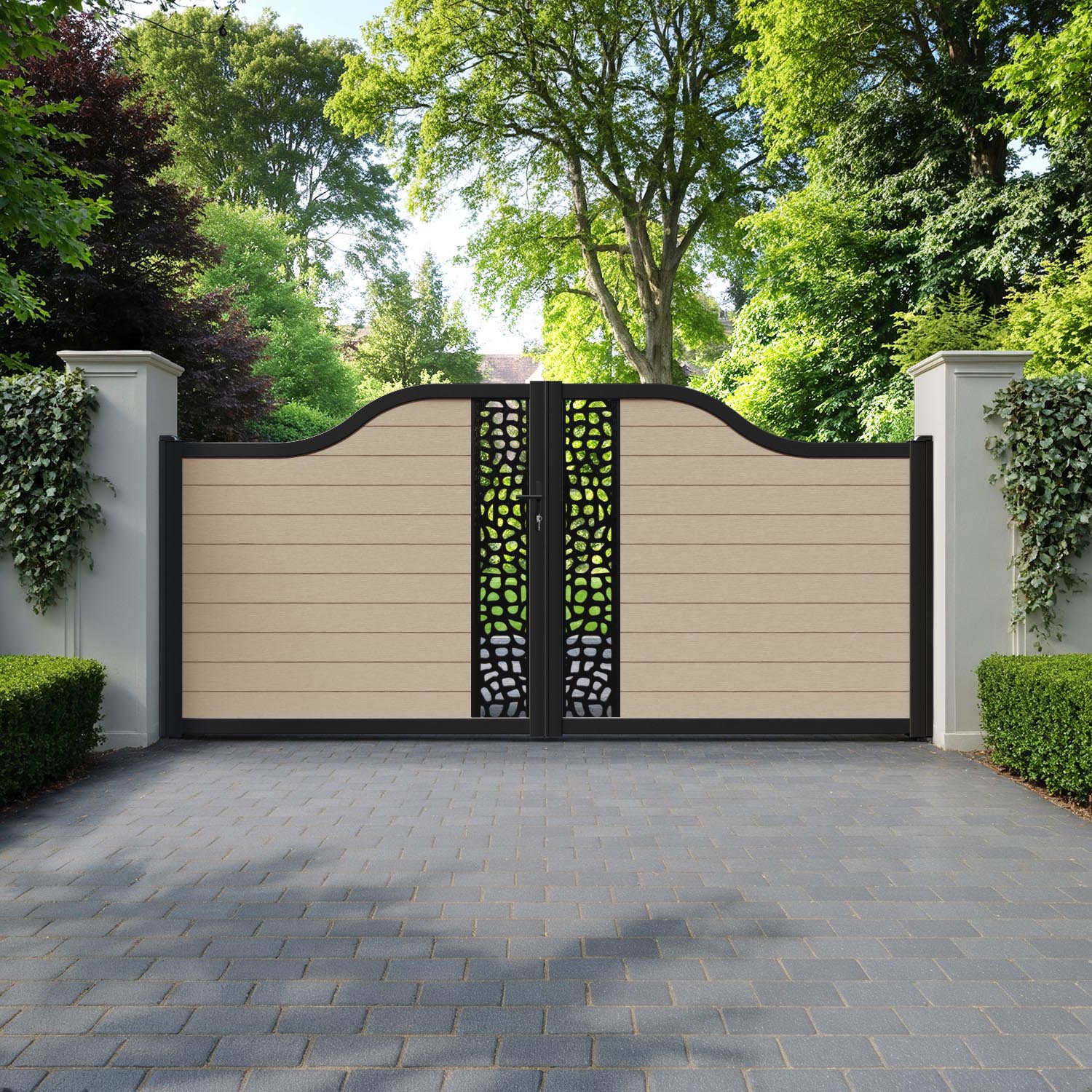 Fusion Pebble Curved Top Driveway Gate - Light Oak - Middle Screen