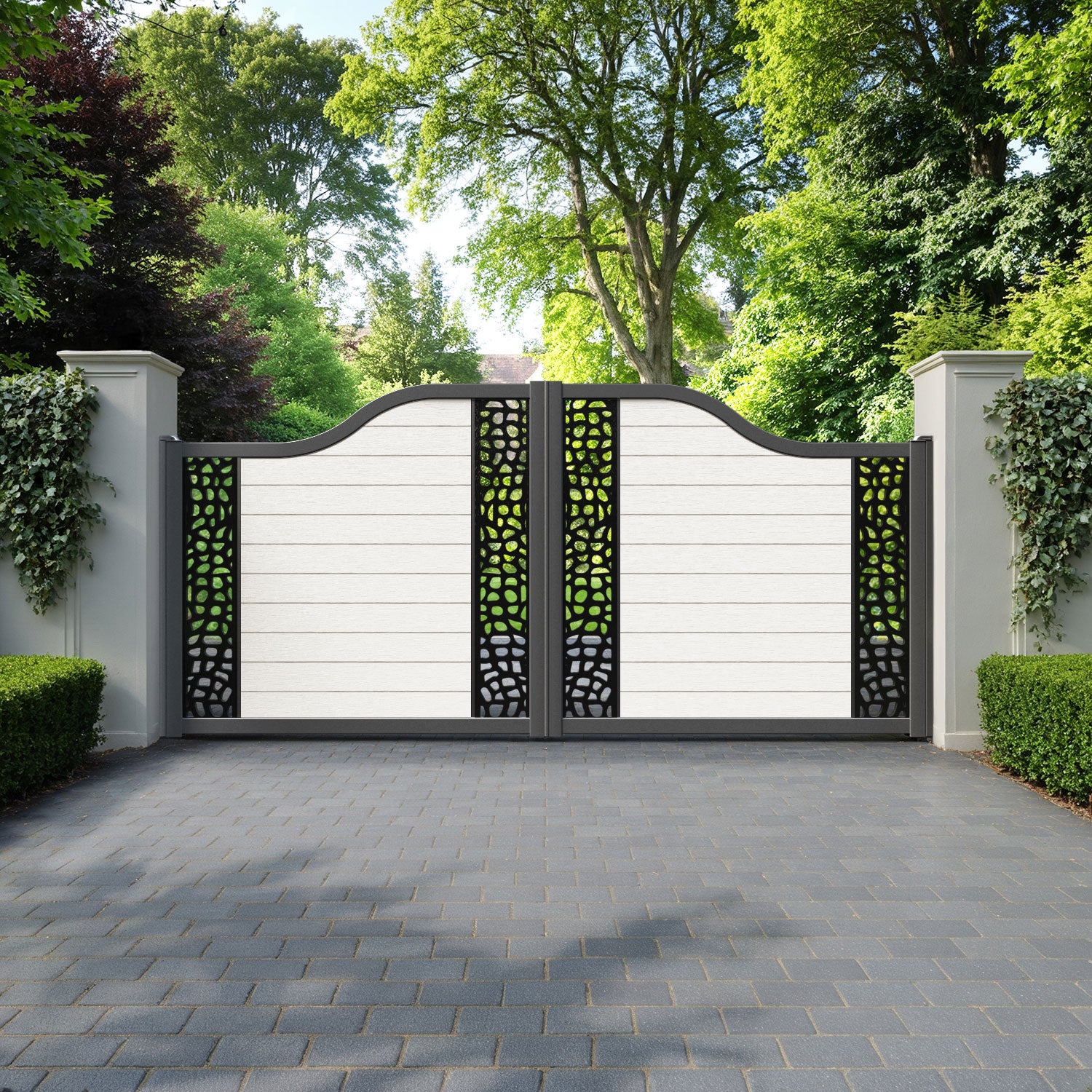 Fusion Pebble Curved Top Driveway Gate - Light Stone - Middle & End Screen