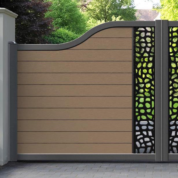 Fusion Pebble Curved Top Driveway Gate - Teak - Middle Screen