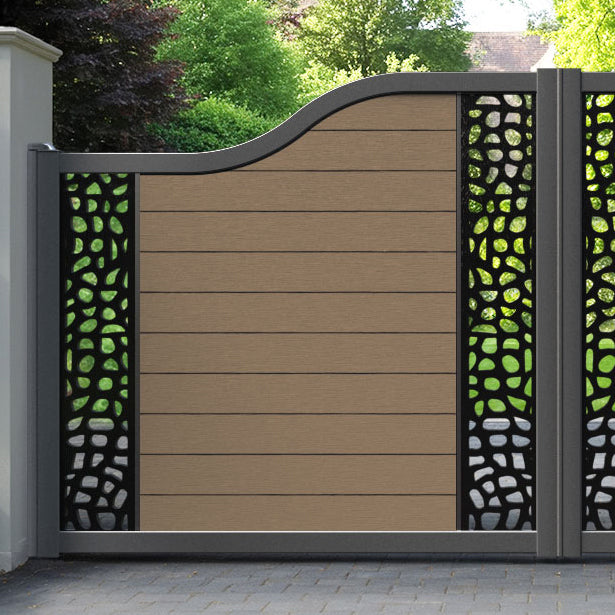 Fusion Pebble Curved Top Driveway Gate - Teak - Middle & End Screen