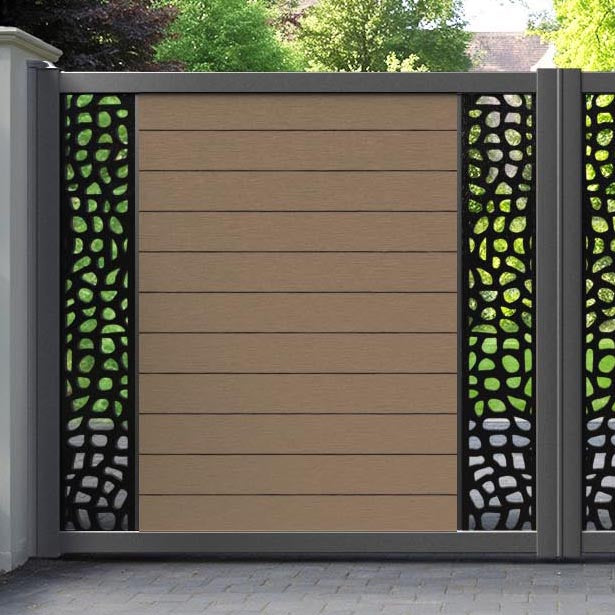 Fusion Pebble Straight Top Driveway Gate - Teak - Middle & End Screen