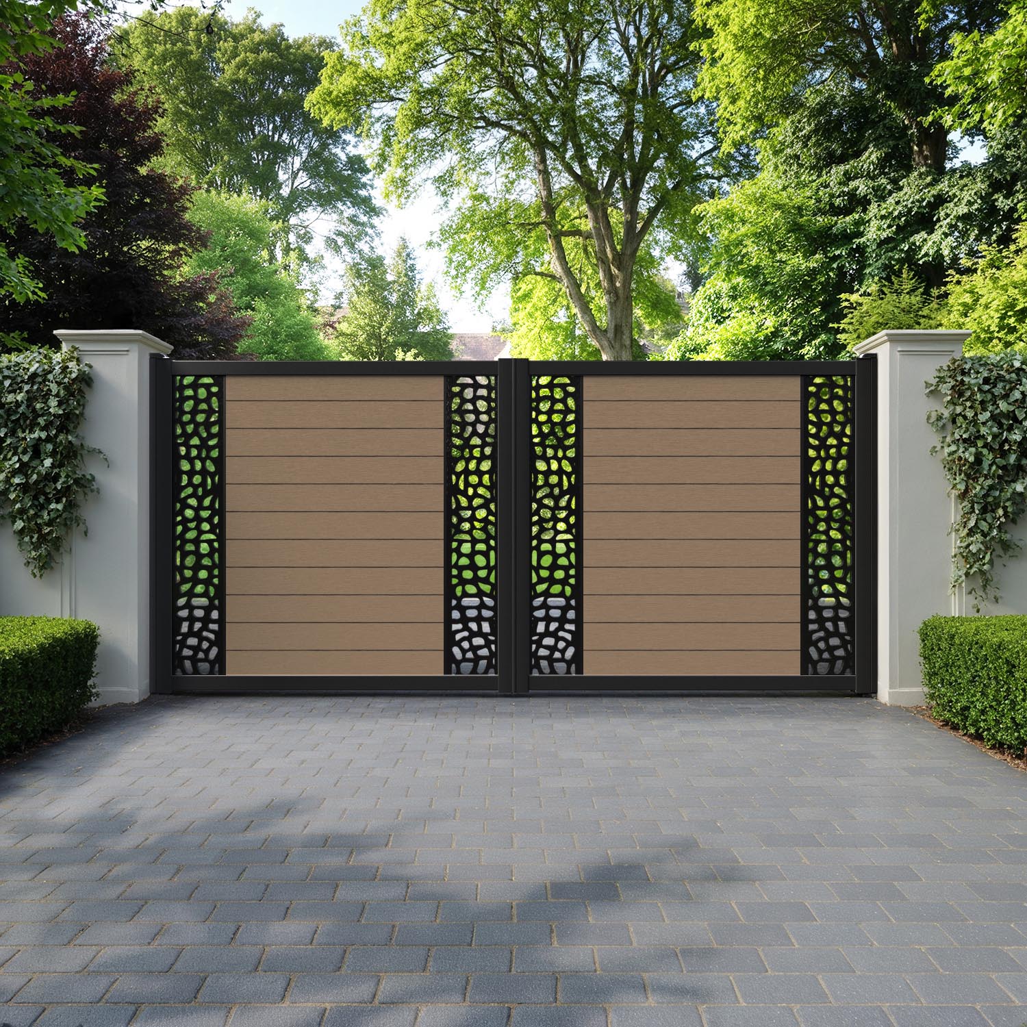 Fusion Pebble Straight Top Driveway Gate - Teak - Middle & End Screen