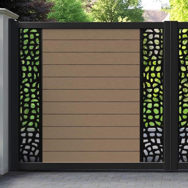 Fusion Pebble Straight Top Driveway Gate - Teak - Middle & End Screen