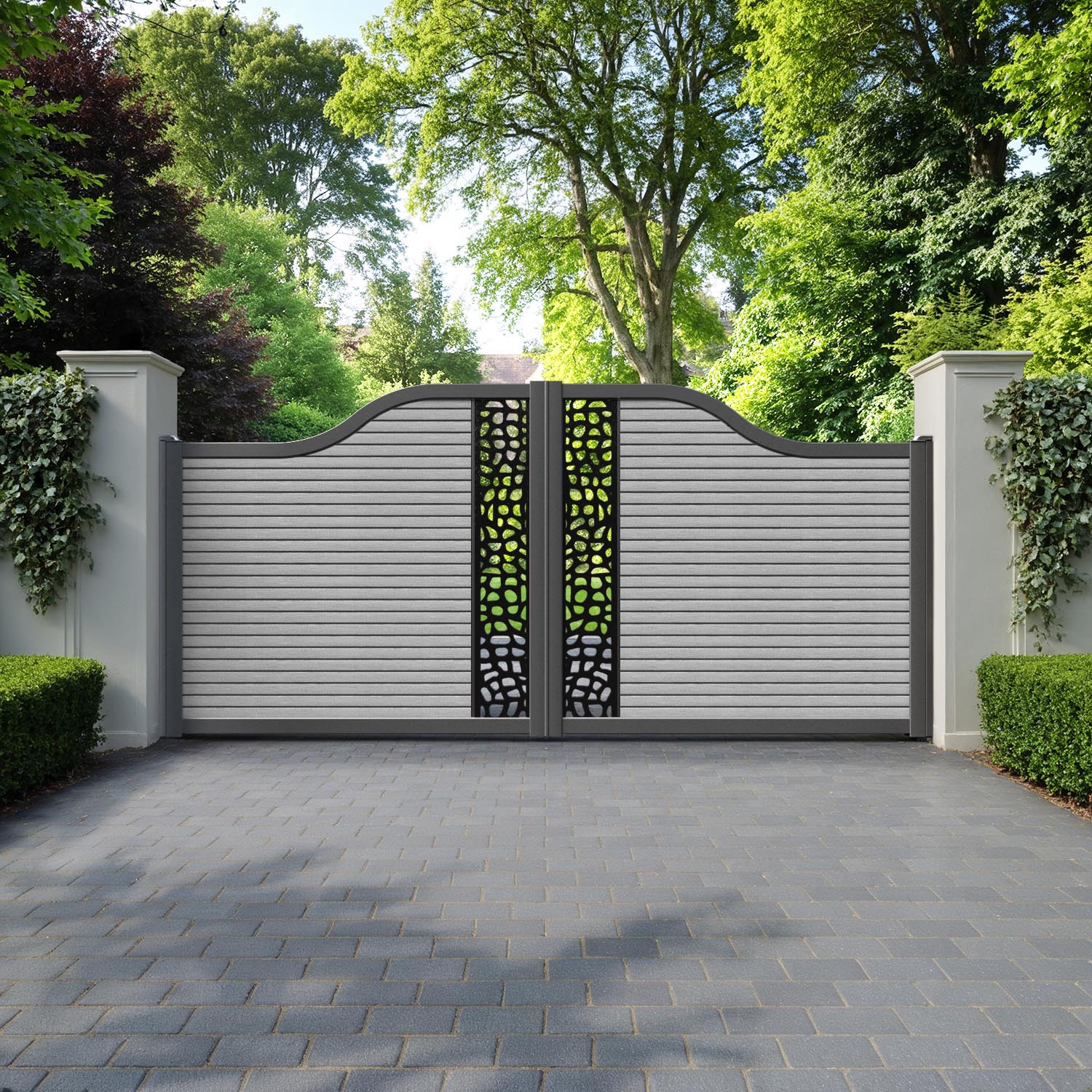 Hudson Pebble Curved Top Driveway Gate - Light Grey - Middle Screen
