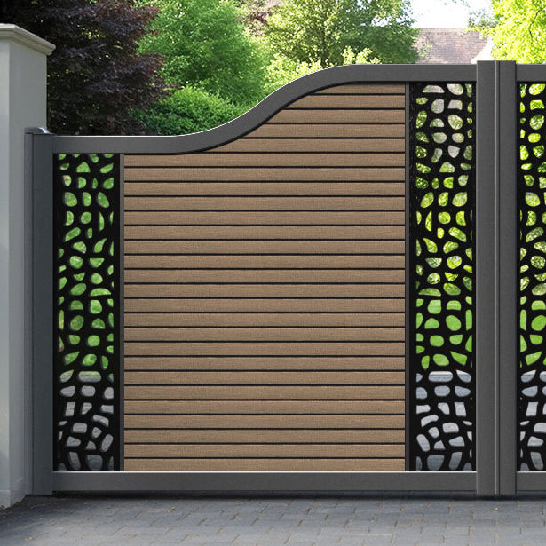 Hudson Pebble Curved Top Driveway Gate - Teak - Middle & End Screen