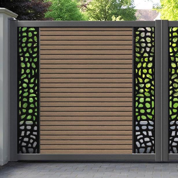 Hudson Pebble Straight Top Driveway Gate - Teak - Middle & End Screen