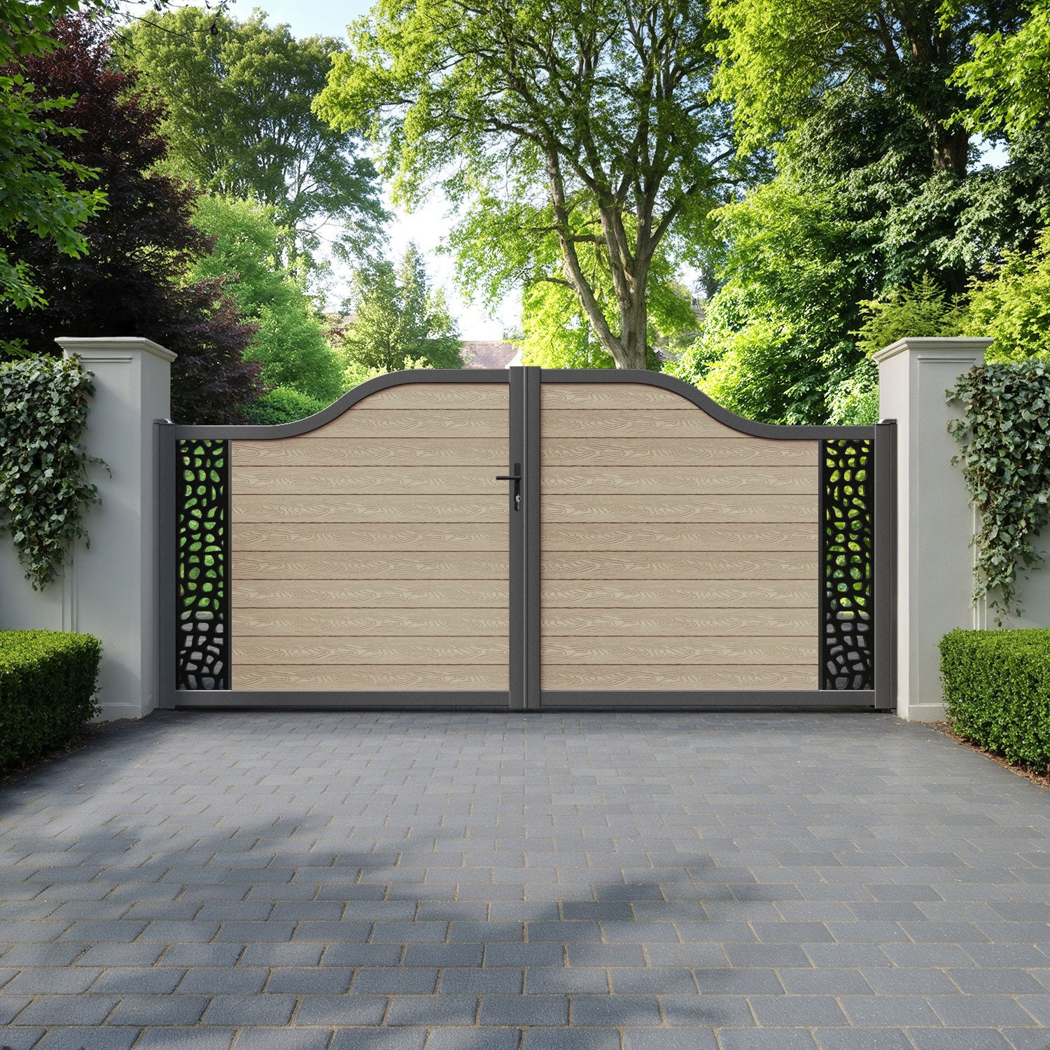 Classic Pebble Curved Top Driveway Gate - Light Oak - End Screen