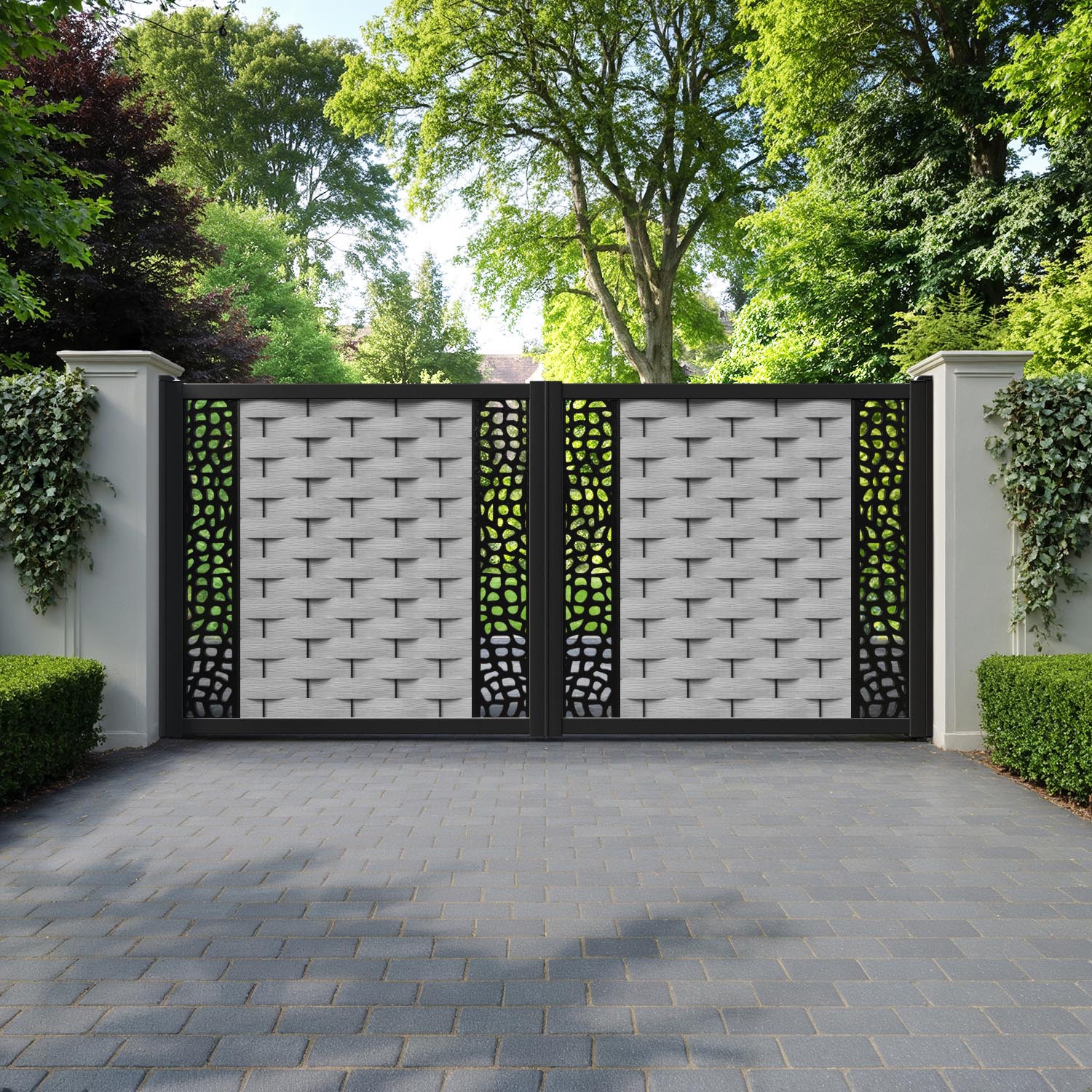 Ripple Pebble Straight Top Driveway Gate - Light Grey - Middle & End Screen